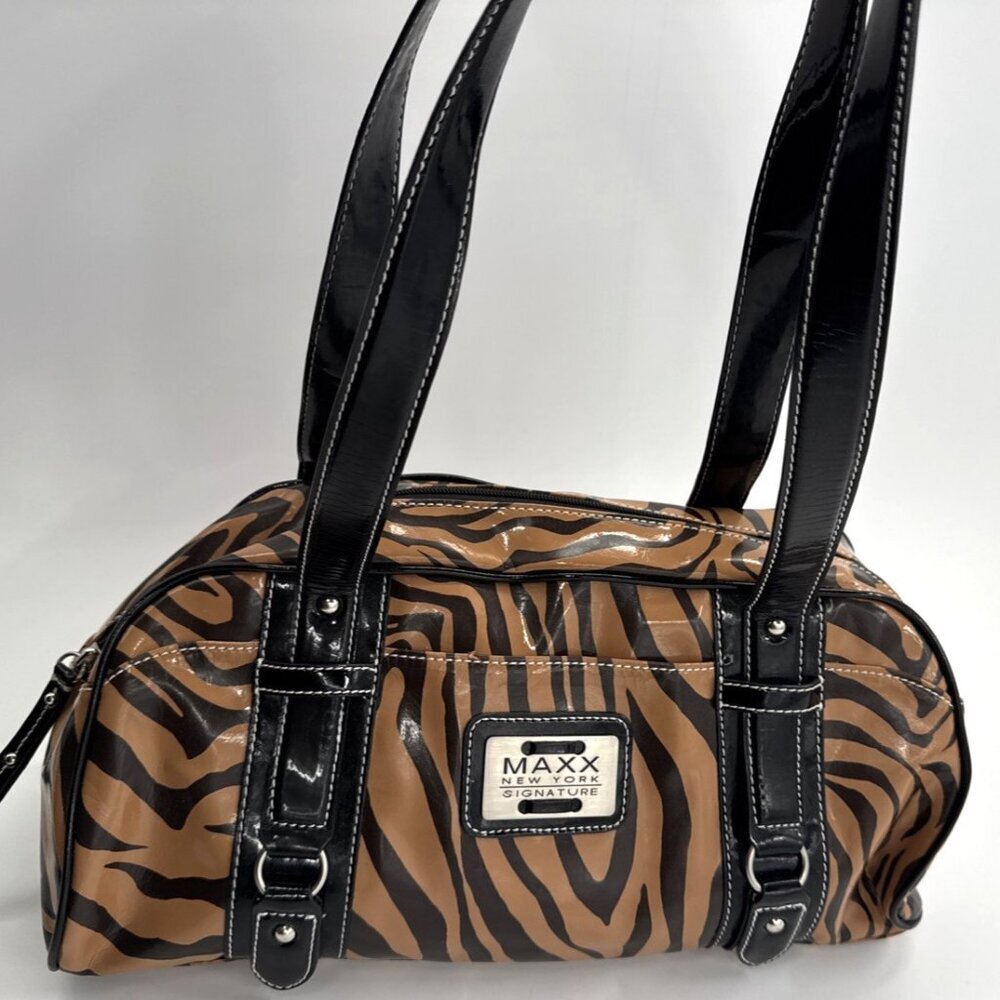 Maxx New York Shoulder Bag Animal Leopard Print Barrel PVC Shiny Double Handle